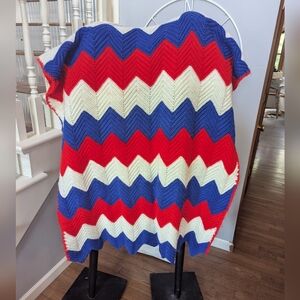 VTG Handmade Crochet Afghan Blanket Patriotic Red White Blue‎ Approx 37" x 68"